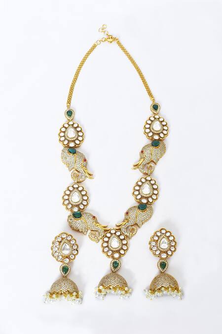 Shop_Moh-Maya By Disha Khatri_Multi Color Zari Elephant Carved Pendant Necklace Set _Online_at_Aza_Fashions