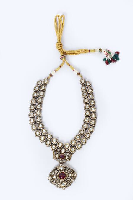 Buy_Moh-Maya By Disha Khatri_Red Diamonds, Stones Kundan Embellished Pendant Necklace Set _Online_at_Aza_Fashions