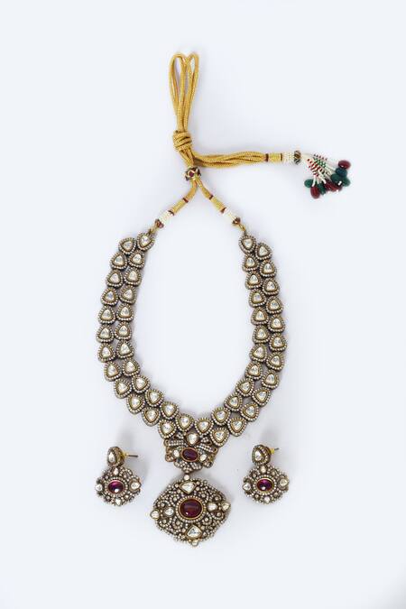 Shop_Moh-Maya By Disha Khatri_Red Diamonds, Stones Kundan Embellished Pendant Necklace Set _Online_at_Aza_Fashions