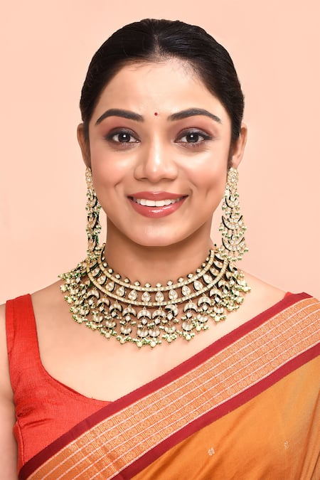 Moh-Maya By Disha Khatri_Green Beads, Diamonds Kundan Embellished Necklace Set _Online_at_Aza_Fashions