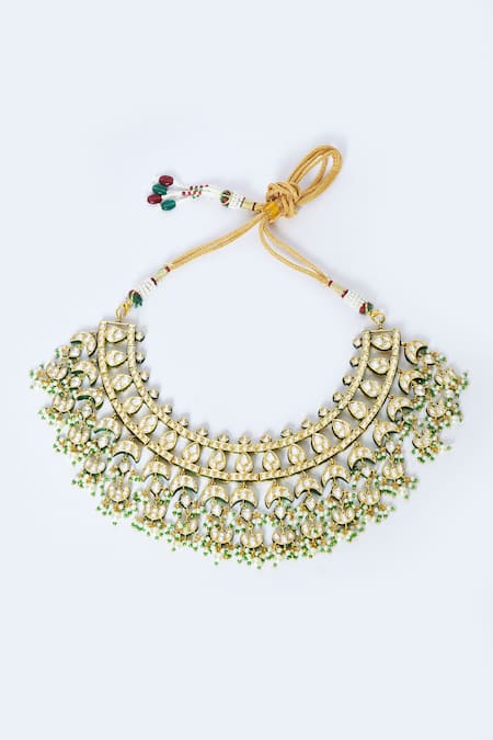 Buy_Moh-Maya By Disha Khatri_Green Beads, Diamonds Kundan Embellished Necklace Set _Online_at_Aza_Fashions