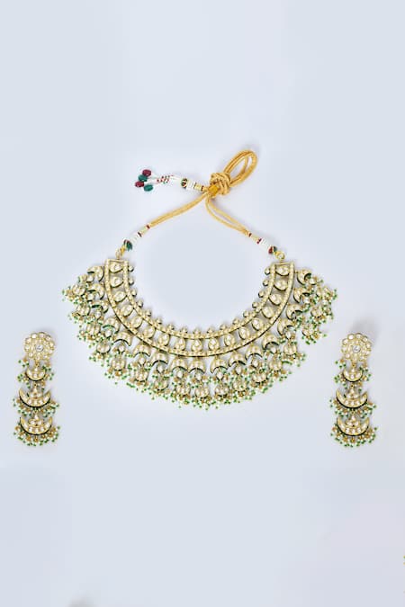 Shop_Moh-Maya By Disha Khatri_Green Beads, Diamonds Kundan Embellished Necklace Set _Online_at_Aza_Fashions