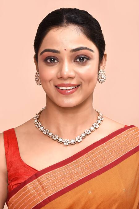 Moh-Maya By Disha Khatri_Gold Plated Diamonds, Stones Polki Embellished Necklace Set _Online_at_Aza_Fashions