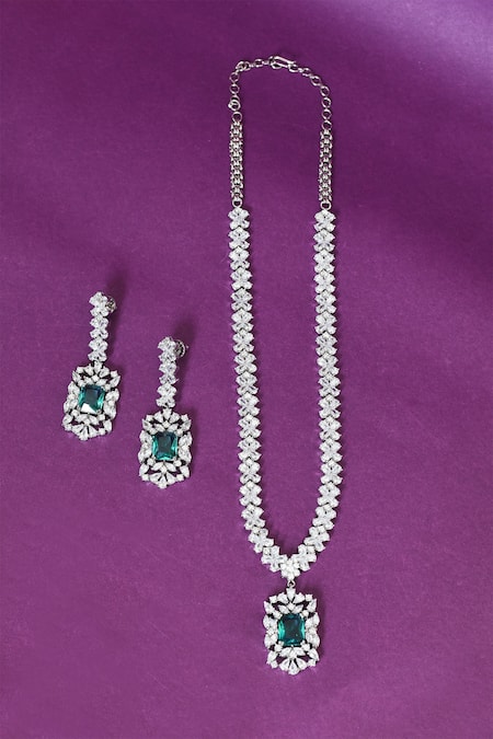 Shop_Moh-Maya By Disha Khatri_Green Stones, Zari Embellished Pendant Necklace Set _at_Aza_Fashions