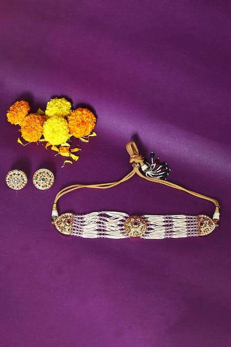 Shop_Moh-Maya By Disha Khatri_Multi Color Stones, Beads Embellished Pendant Choker Set _at_Aza_Fashions