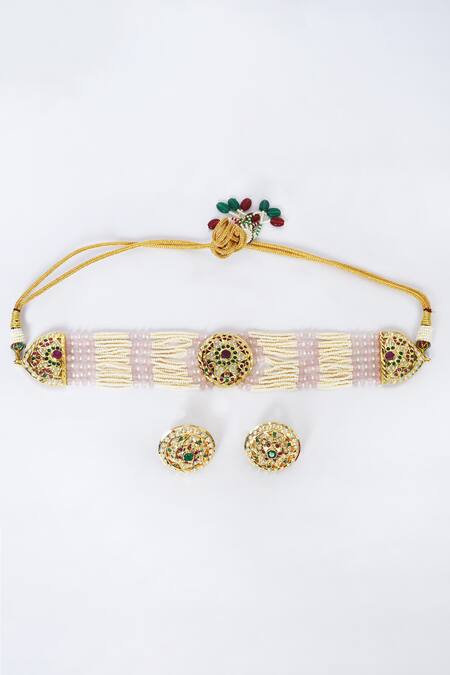 Shop_Moh-Maya By Disha Khatri_Multi Color Stones, Beads Embellished Pendant Choker Set _Online_at_Aza_Fashions