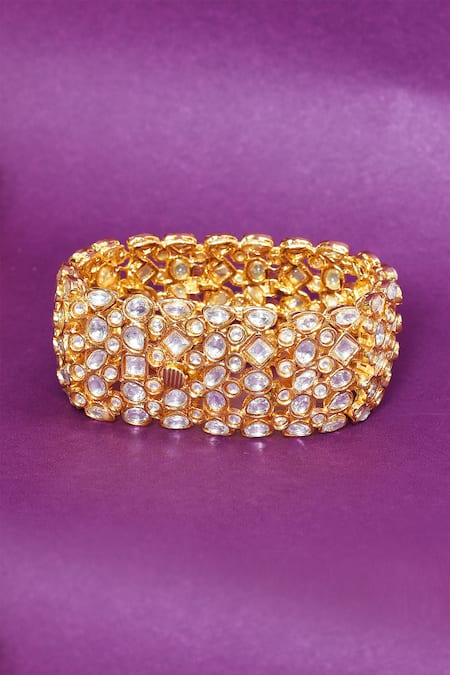 Shop_Moh-Maya By Disha Khatri_Gold Plated Crystals Kundan Embellished Bracelet _at_Aza_Fashions