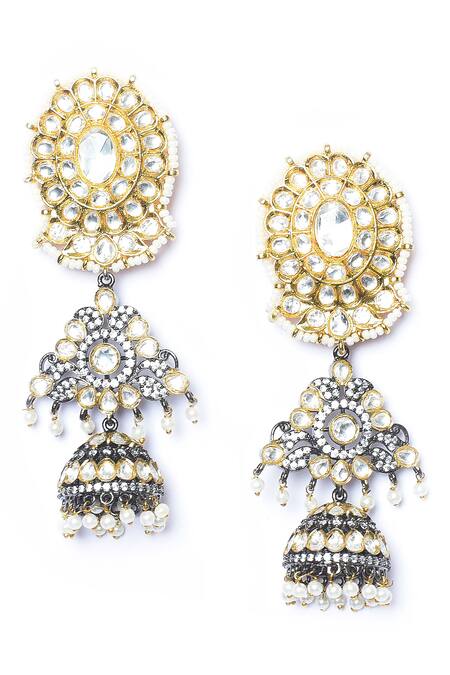 Shop_Moh-Maya By Disha Khatri_Gold Plated Beads, Diamonds Kundan Embellished Round Shaped Earrings _Online_at_Aza_Fashions
