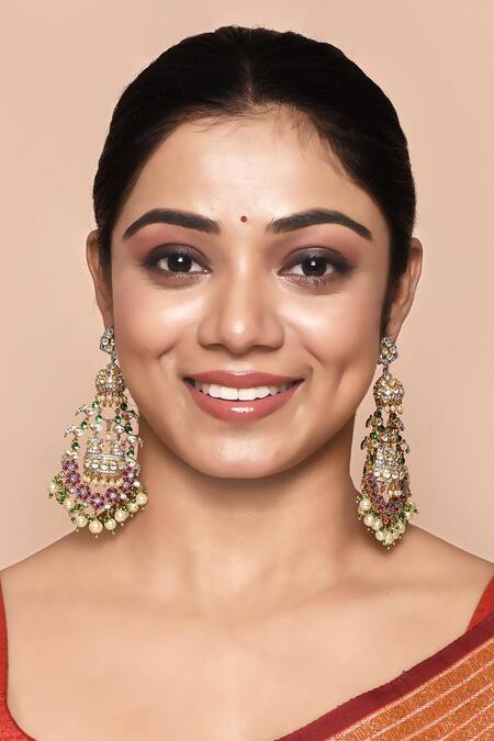 Moh-Maya By Disha Khatri_Pink Pearls, Stones Drop Earrings _Online_at_Aza_Fashions