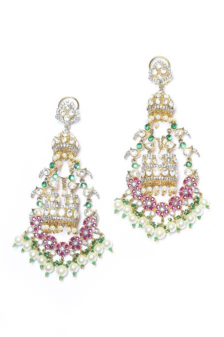 Shop_Moh-Maya By Disha Khatri_Pink Pearls, Stones Drop Earrings _Online_at_Aza_Fashions
