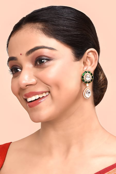 Moh-Maya By Disha Khatri Green Diamonds, Stones Polki Embellished Earrings 