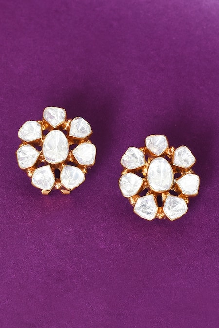 Shop_Moh-Maya By Disha Khatri_Gold Plated Diamonds, Stones Kundan Polki Embellished Stud Earrings _at_Aza_Fashions