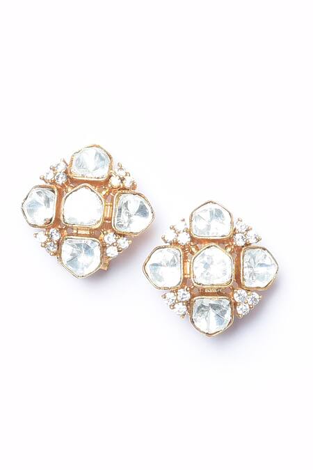 Buy_Moh-Maya By Disha Khatri_Gold Plated Bows, Diamonds Polki Embellished Stud Earrings _Online_at_Aza_Fashions