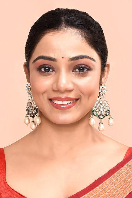 Moh-Maya By Disha Khatri_Green Pearls, Diamonds Kundan And Embellished Earrings _Online_at_Aza_Fashions