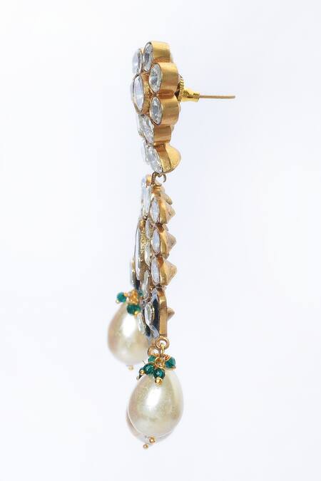 Shop_Moh-Maya By Disha Khatri_Green Pearls, Diamonds Kundan And Embellished Earrings _Online_at_Aza_Fashions