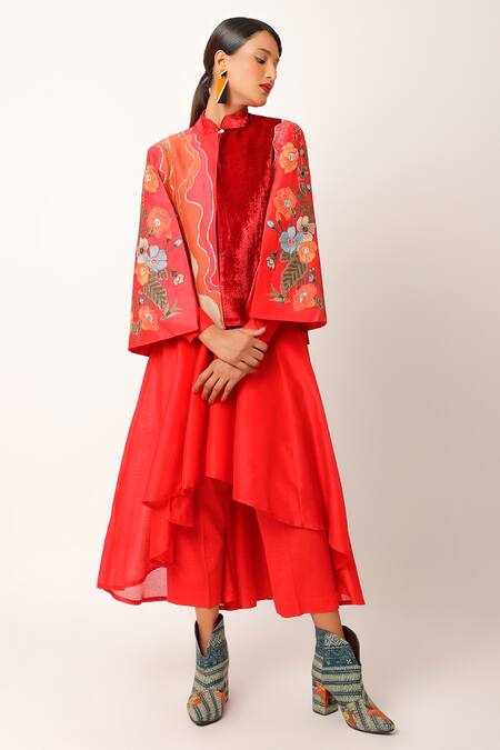 Jajaabor_Red Chanderi Embroidered And Printed Applique Jacket Band Foliage Anarkali Set _Online_at_Aza_Fashions