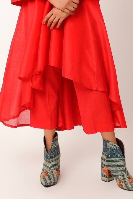 Buy_Jajaabor_Red Chanderi Embroidered And Printed Applique Jacket Band Foliage Anarkali Set _Online_at_Aza_Fashions