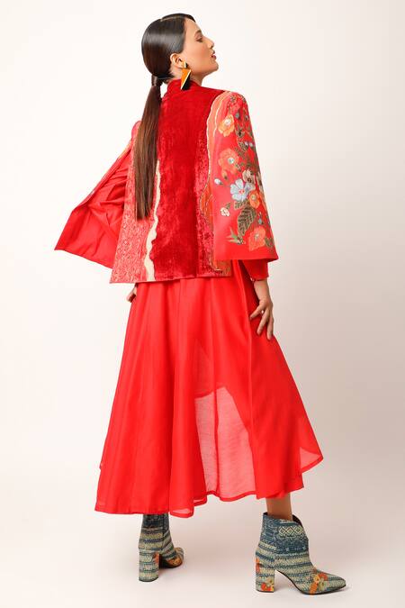 Shop_Jajaabor_Red Chanderi Embroidered And Printed Applique Jacket Band Foliage Anarkali Set _Online_at_Aza_Fashions