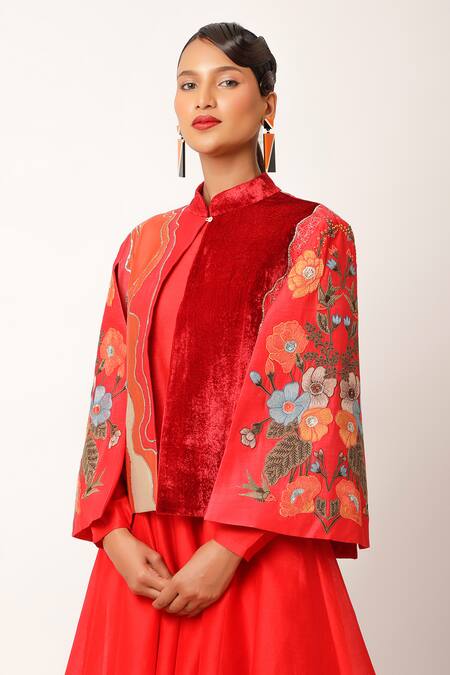 Buy_Jajaabor_Red Chanderi Embroidered And Printed Applique Jacket Band Foliage Anarkali Set 