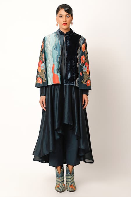 Jajaabor_Blue Chanderi Embroidered And Printed Applique Foliage Thread Anarkali Set _Online_at_Aza_Fashions