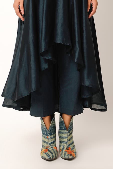 Buy_Jajaabor_Blue Chanderi Embroidered And Printed Applique Foliage Thread Anarkali Set _Online_at_Aza_Fashions