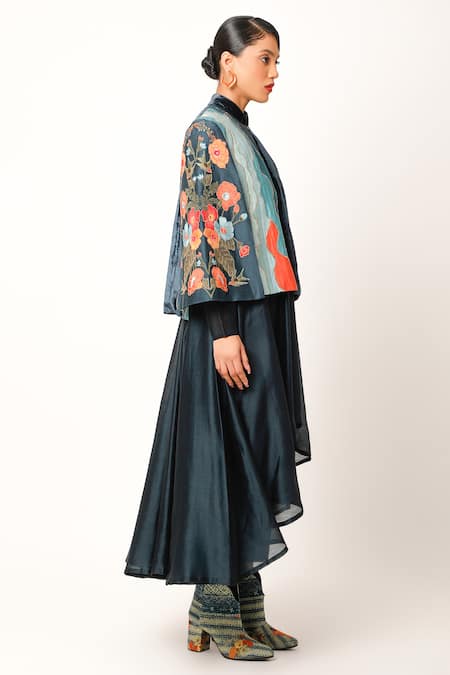 Jajaabor_Blue Chanderi Embroidered And Printed Applique Foliage Thread Anarkali Set _at_Aza_Fashions