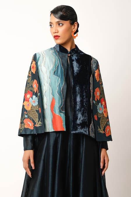 Shop_Jajaabor_Blue Chanderi Embroidered And Printed Applique Foliage Thread Anarkali Set 