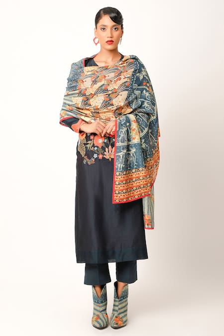 Jajaabor Blue Silk Chanderi Printed Ramayana And Floral Dupatta 