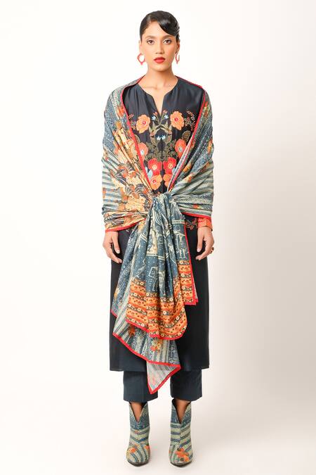 Shop Jajaabor Blue Silk, Chanderi Ramayana Print Dupatta at Aza Fashions Shop_Jajaabor_Blue Silk, Chanderi Ramayana Print Dupatta _at_Aza_Fashions
