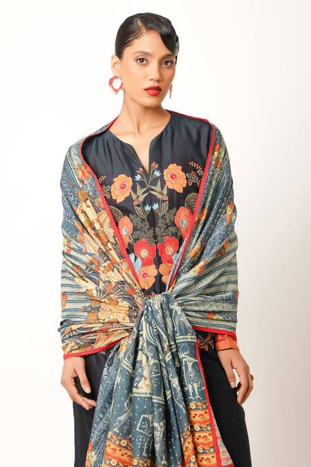 Buy Jajaabor Blue Silk, Chanderi Ramayana Print Dupatta Online at Aza Fashions Buy_Jajaabor_Blue Silk, Chanderi Ramayana Print Dupatta _Online_at_Aza_Fashions