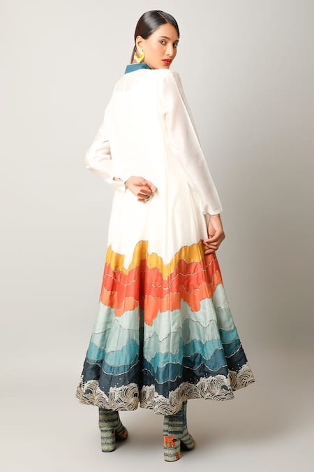 Shop Jajaabor Ivory Silk Chanderi Embroidered And Printed Landscape Anarkali & Pant Set at Aza Fashions Shop_Jajaabor_Ivory Silk Chanderi Embroidered And Printed Landscape Anarkali & Pant Set _at_Aza_Fashions