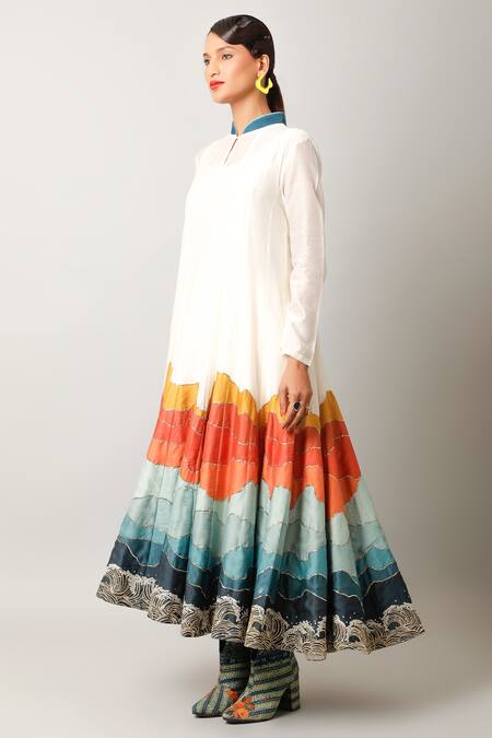 Jajaabor Ivory Silk Chanderi Embroidered And Printed Landscape Anarkali & Pant Set Online at Aza Fashions Jajaabor_Ivory Silk Chanderi Embroidered And Printed Landscape Anarkali & Pant Set _Online_at_Aza_Fashions