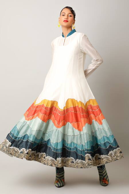 Buy Jajaabor Ivory Silk Chanderi Embroidered And Printed Landscape Anarkali & Pant Set Online at Aza Fashions Buy_Jajaabor_Ivory Silk Chanderi Embroidered And Printed Landscape Anarkali & Pant Set _Online_at_Aza_Fashions