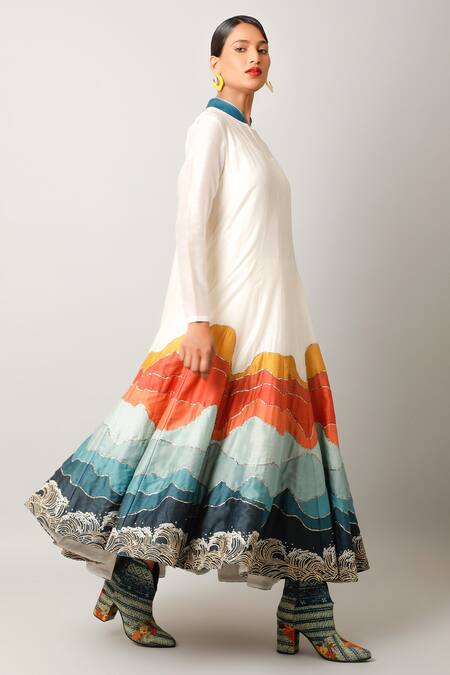 Shop Jajaabor Ivory Silk Chanderi Embroidered And Printed Landscape Anarkali & Pant Set Online at Aza Fashions Shop_Jajaabor_Ivory Silk Chanderi Embroidered And Printed Landscape Anarkali & Pant Set _Online_at_Aza_Fashions