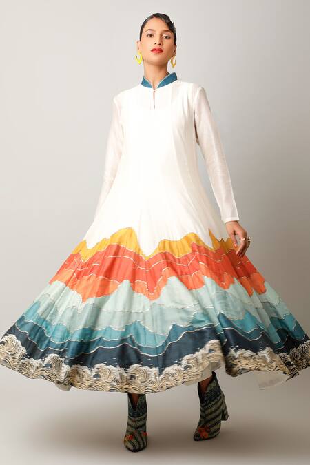 Jajaabor Ivory Silk Chanderi Embroidered And Printed Landscape Anarkali & Pant Set at Aza Fashions Jajaabor_Ivory Silk Chanderi Embroidered And Printed Landscape Anarkali & Pant Set _at_Aza_Fashions