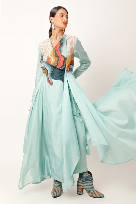 Jajaabor Landscape Embroidered Yoke Angarkha & Pant Set 