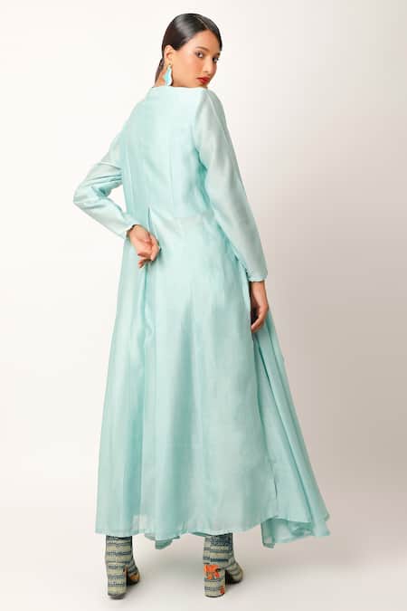 Shop Jajaabor Blue Cotton, Silk Tassels Cowl Landscape Embroidered Yoke Angarkha And Pant Set at Aza Fashions Shop_Jajaabor_Blue Cotton, Silk Tassels Cowl Landscape Embroidered Yoke Angarkha And Pant Set _at_Aza_Fashions