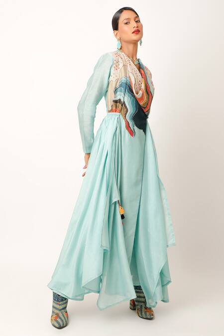 Shop Jajaabor Blue Cotton, Silk Tassels Cowl Landscape Embroidered Yoke Angarkha And Pant Set Online at Aza Fashions Shop_Jajaabor_Blue Cotton, Silk Tassels Cowl Landscape Embroidered Yoke Angarkha And Pant Set _Online_at_Aza_Fashions