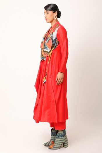 Jajaabor_Red Silk Chanderi Embroidered And Printed Panelled Yoke Angarkha & Pant Set _Online_at_Aza_Fashions