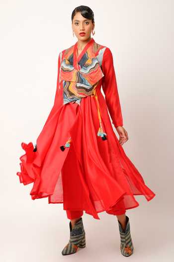 Buy_Jajaabor_Red Silk Chanderi Embroidered And Printed Panelled Yoke Angarkha & Pant Set _Online_at_Aza_Fashions