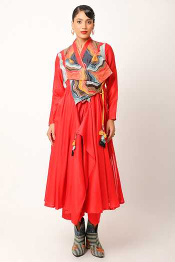 Shop_Jajaabor_Red Silk Chanderi Embroidered And Printed Panelled Yoke Angarkha & Pant Set _Online_at_Aza_Fashions