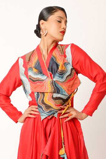 Jajaabor_Red Silk Chanderi Embroidered And Printed Panelled Yoke Angarkha & Pant Set _at_Aza_Fashions