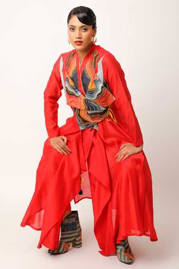 Shop_Jajaabor_Red Silk Chanderi Embroidered And Printed Panelled Yoke Angarkha & Pant Set 