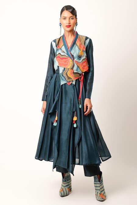 Jajaabor Blue Silk Chanderi Embroidered And Landscape Panelled Yoke Angarkha & Pant Set