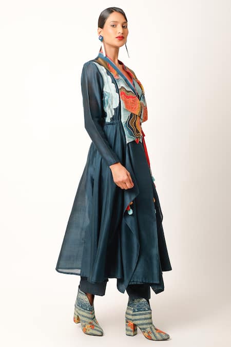 Jajaabor Blue Silk Chanderi Embroidered And Landscape Panelled Yoke Angarkha & Pant Set Online at Aza Fashions Jajaabor_Blue Silk Chanderi Embroidered And Landscape Panelled Yoke Angarkha & Pant Set _Online_at_Aza_Fashions