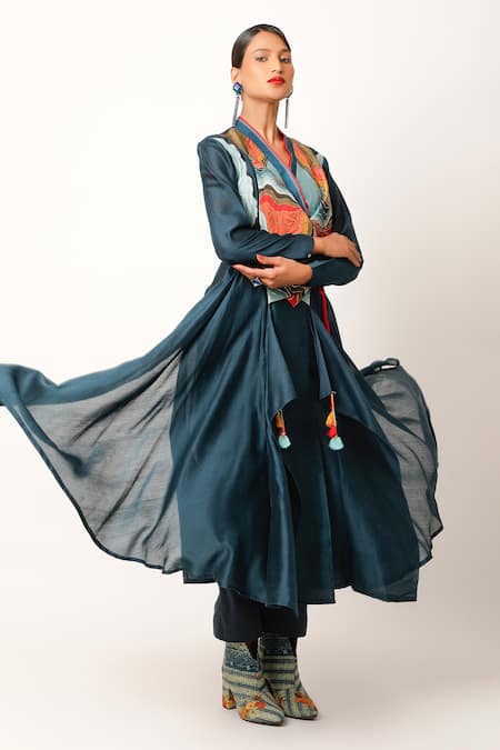 Shop Jajaabor Blue Silk Chanderi Embroidered And Landscape Panelled Yoke Angarkha & Pant Set Online at Aza Fashions Shop_Jajaabor_Blue Silk Chanderi Embroidered And Landscape Panelled Yoke Angarkha & Pant Set _Online_at_Aza_Fashions