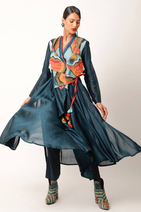 Jajaabor Blue Silk Chanderi Embroidered And Landscape Panelled Yoke Angarkha & Pant Set at Aza Fashions Jajaabor_Blue Silk Chanderi Embroidered And Landscape Panelled Yoke Angarkha & Pant Set _at_Aza_Fashions