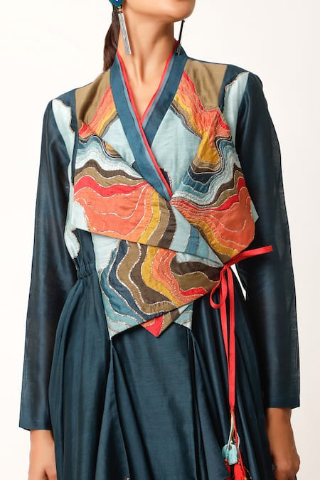 Buy Jajaabor Blue Silk Chanderi Embroidered And Landscape Panelled Yoke Angarkha & Pant Set Buy_Jajaabor_Blue Silk Chanderi Embroidered And Landscape Panelled Yoke Angarkha & Pant Set