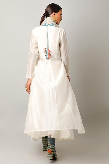 Shop Jajaabor Ivory Cotton, Silk Fringe, Cut Thread Embroidered Collar Angarkha And Pant Set at Aza Fashions Shop_Jajaabor_Ivory Cotton, Silk Fringe, Cut Thread Embroidered Collar Angarkha And Pant Set _at_Aza_Fashions