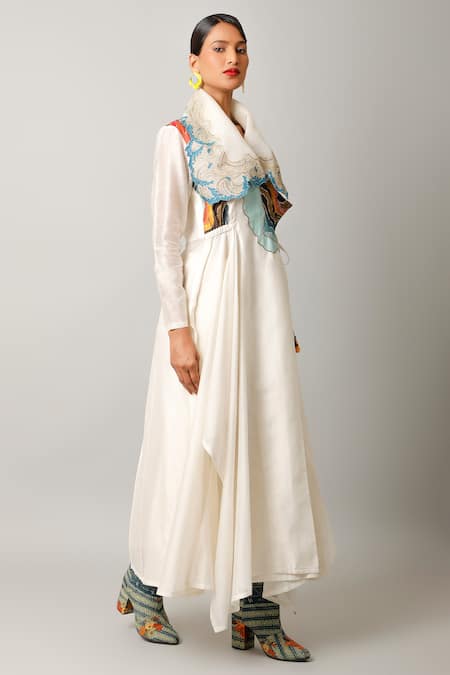 Jajaabor Ivory Cotton, Silk Fringe, Cut Thread Embroidered Collar Angarkha And Pant Set Online at Aza Fashions Jajaabor_Ivory Cotton, Silk Fringe, Cut Thread Embroidered Collar Angarkha And Pant Set _Online_at_Aza_Fashions